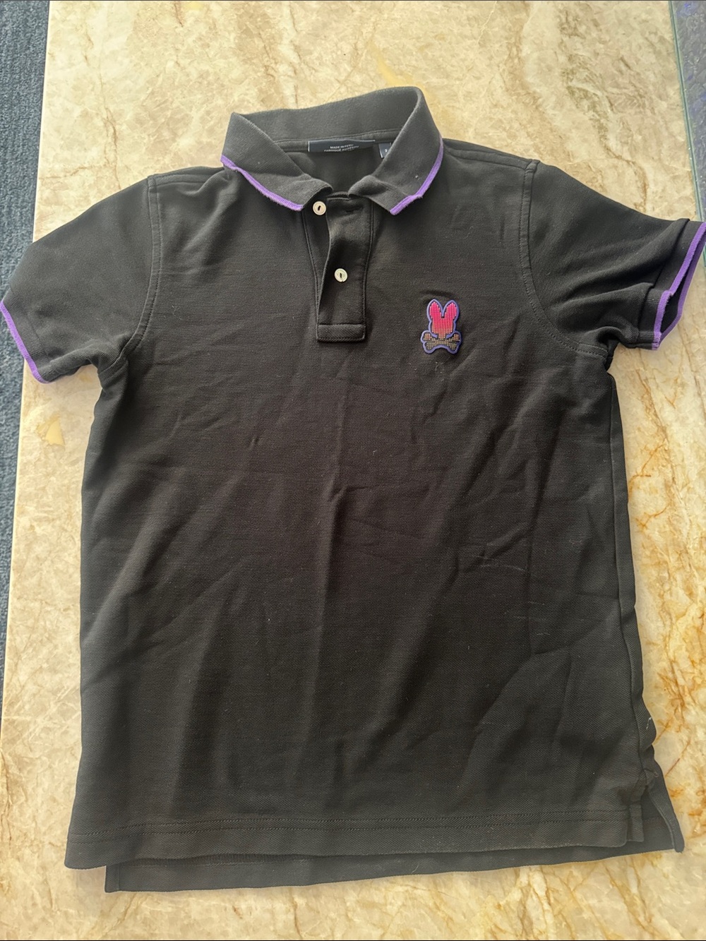 Psycho Bunny Black Polo with Purple Trim and Embroidered Bunny